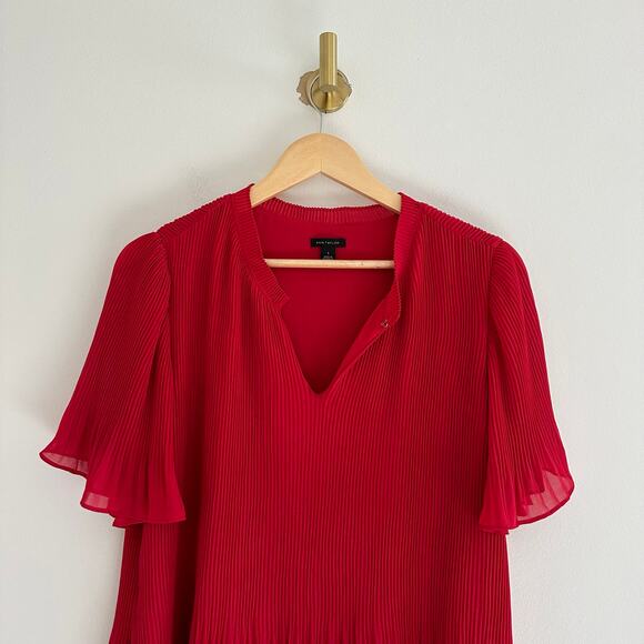Ann Taylor Pleated Short Sleeve Blouse Red S - Picture 9 of 10